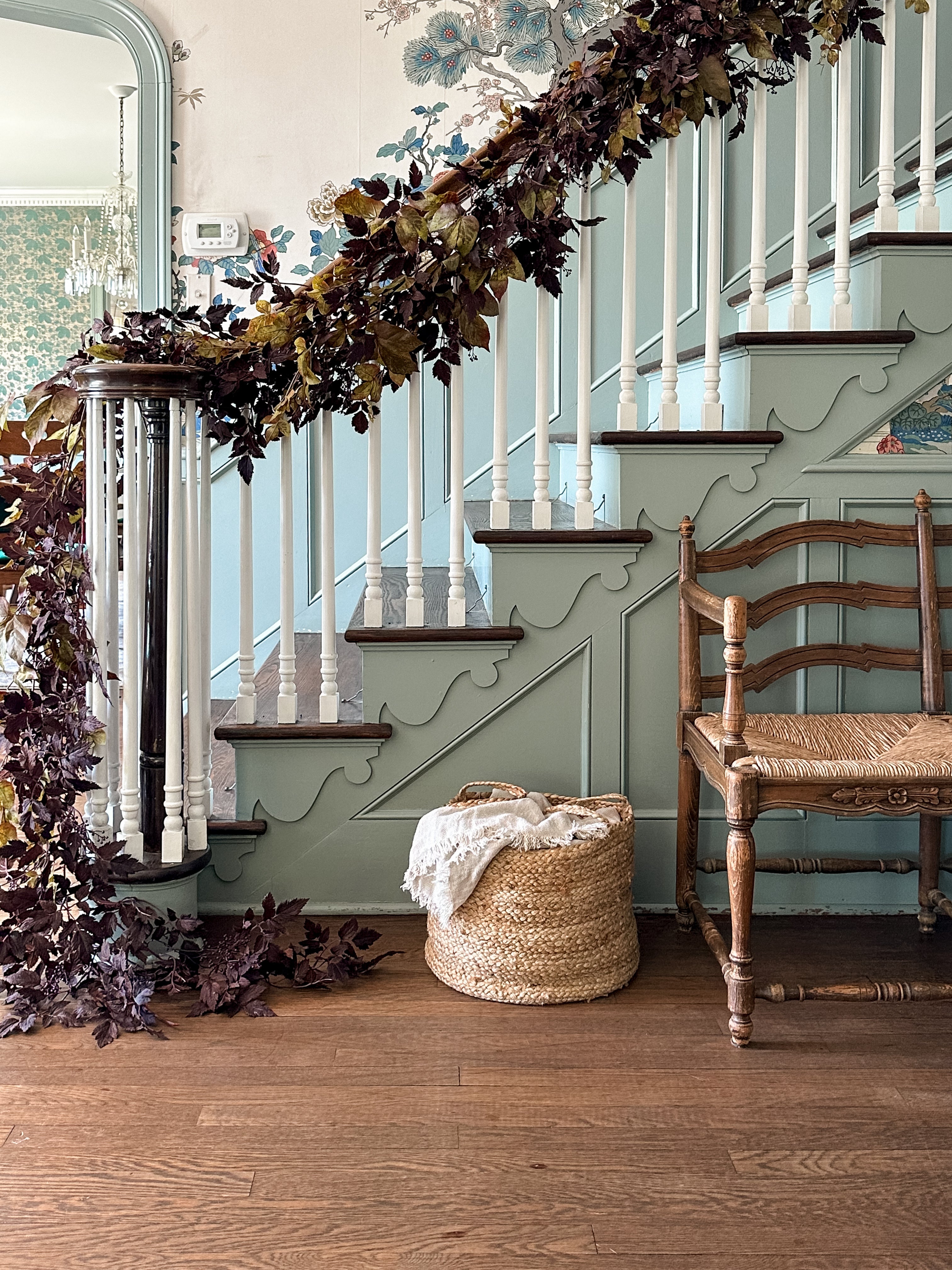 video of cimicifuga and grape ivy garland on stairway