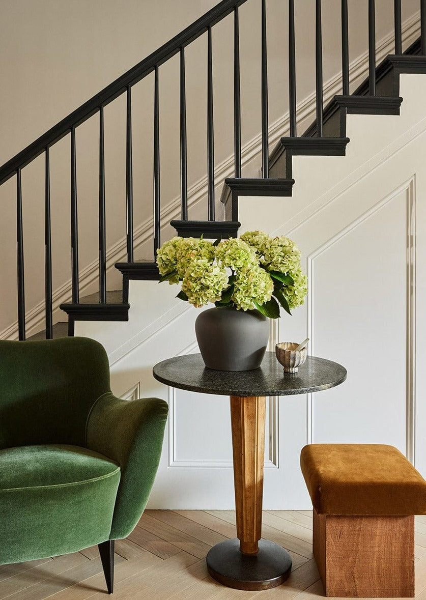 Green Fake Hydrangeas in Black Vase at afloral