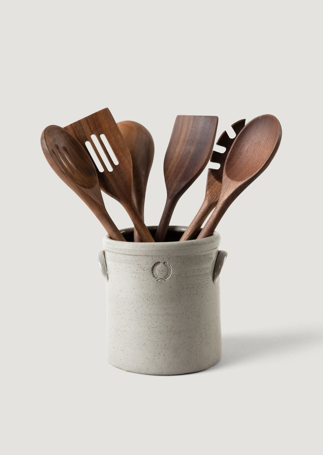 Farmhouse Pottery Agrarian Stoneware Crock with Wood Kitchen Utensils