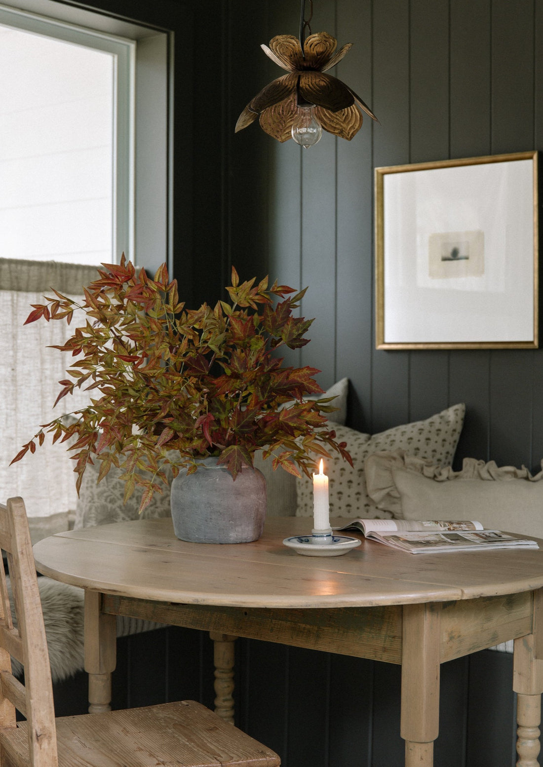 Faux Burgundy Nandina Fall Branches in Concrete Vase